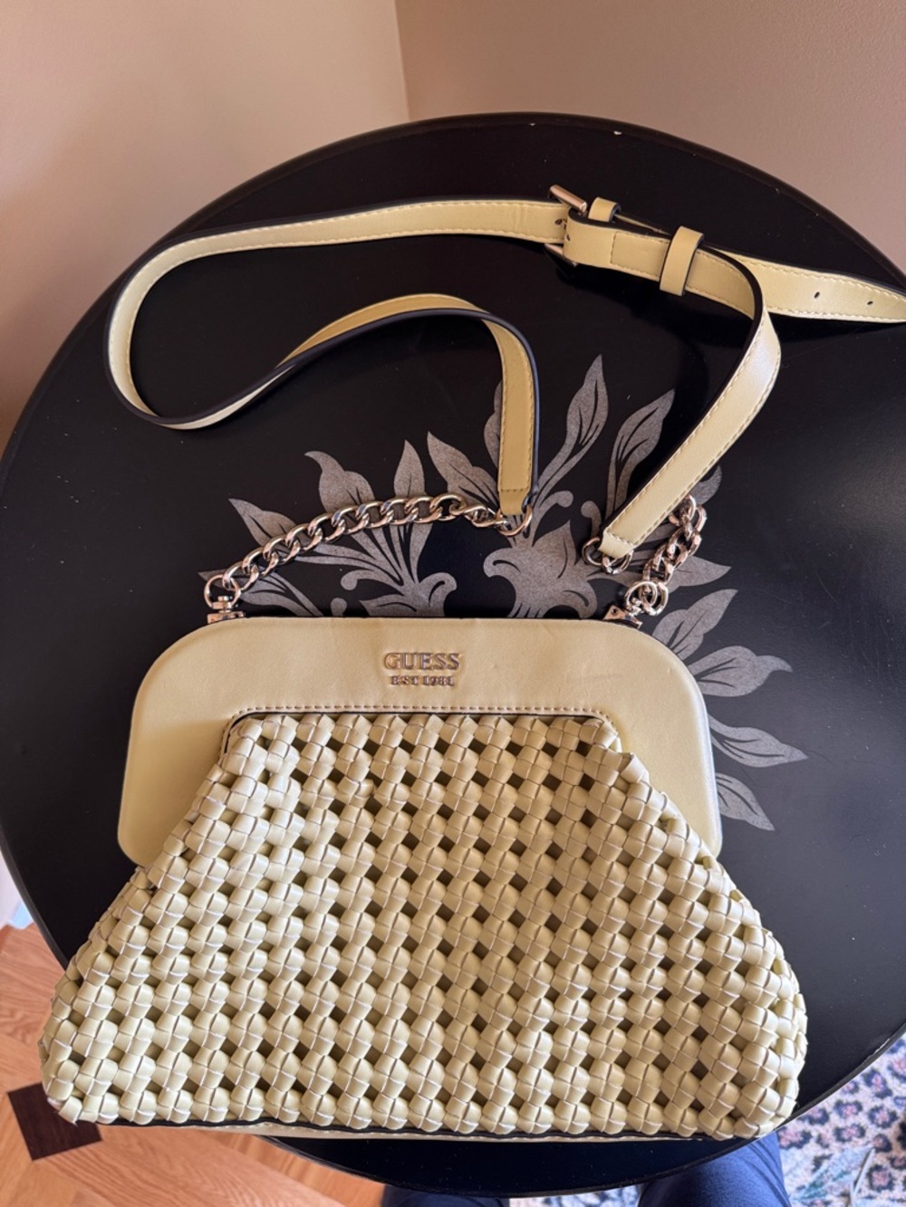 GUESS Cream Woven Frame Crossbody Bag with Chain